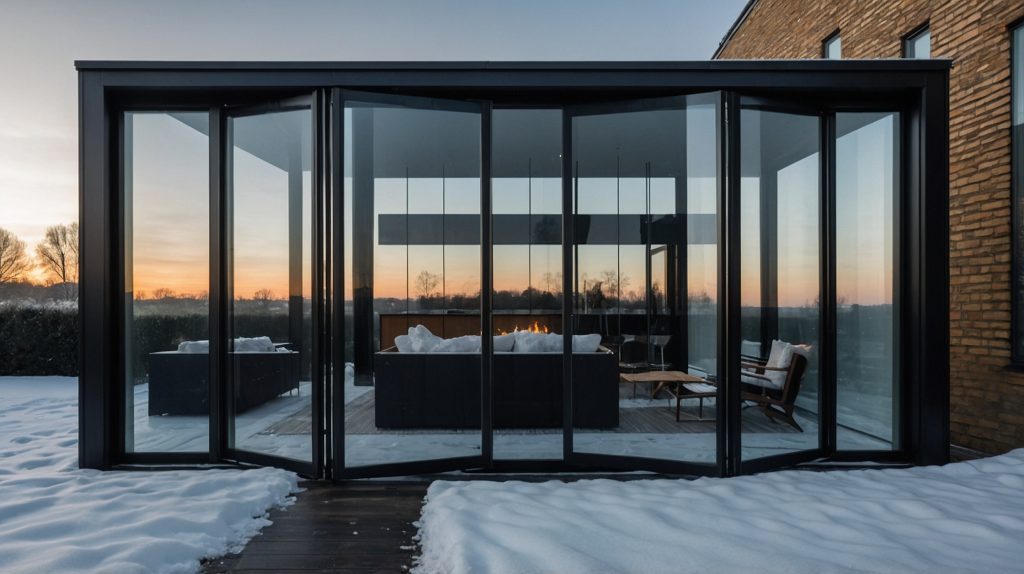 Black aluminium concertina bifold doors opening to a snowy patio, revealing a cosy, fire-lit lounge at sunset.