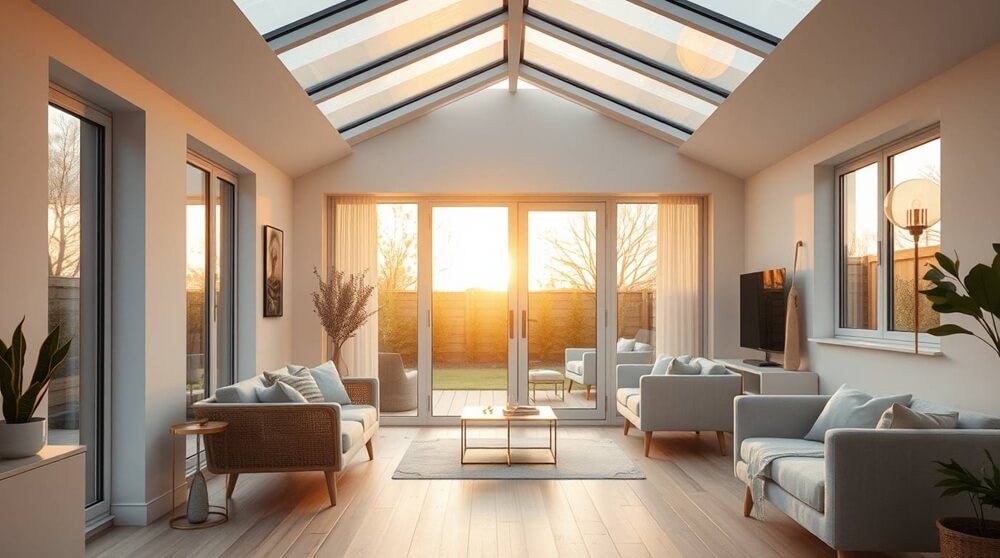 Modern living room extension with a Korniche roof lantern and large glass doors, bathed in warm sunset light. This image highlights how roof lanterns maximise natural light and create bright, energy-efficient living spaces.