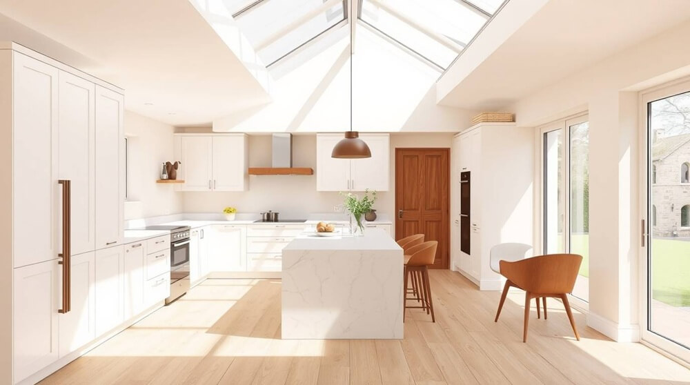 Modern kitchen extension with a large roof lantern, white cabinetry, a marble island, and sliding glass doors opening to a garden. The roof lantern fills the space with natural light, illustrating how roof lanterns improve brightness and energy efficiency in home extensions.